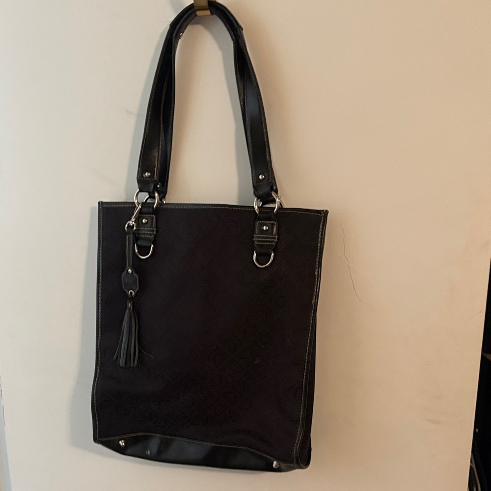 Jones New York Elegant Black canvas and leather Tote Bag medium